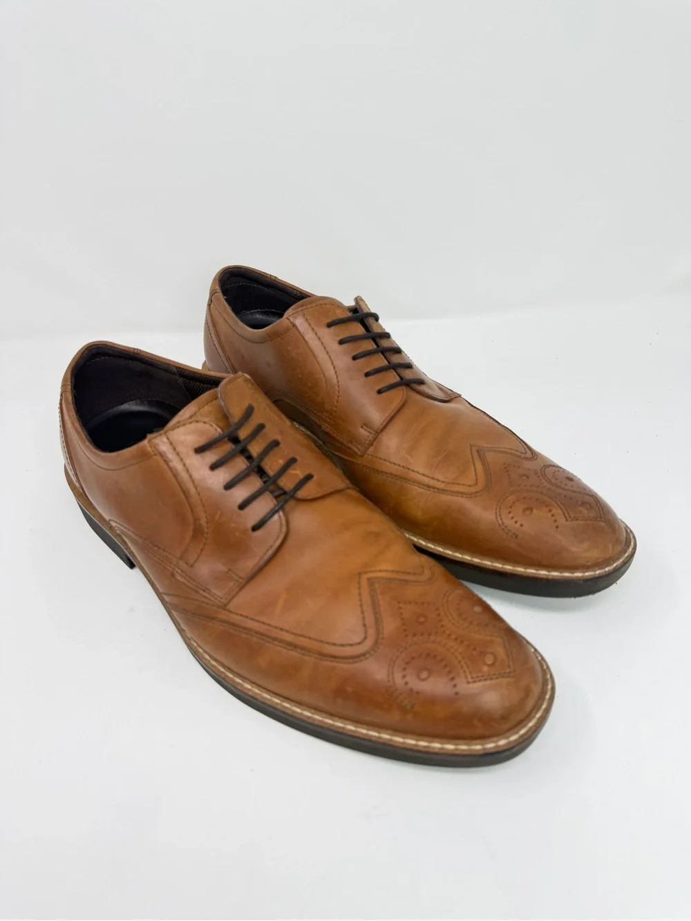 ECCO Derby Oxfords Brown Leather Wingtip Brogue Detail Dress Shoes Men's Size 45